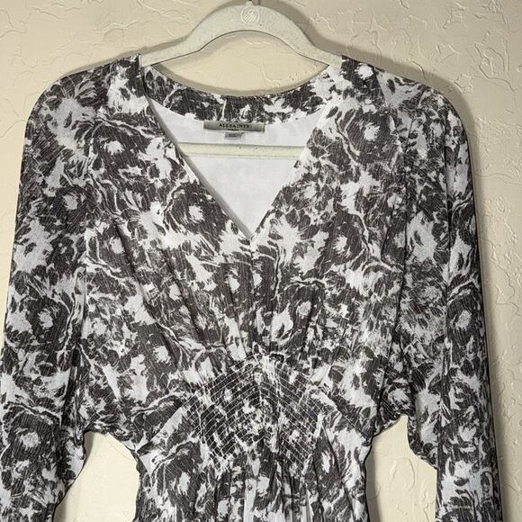 All saints Nicholas Rosa gray shear long sleeve smocked waist dress with pockets - Picture 6 of 13